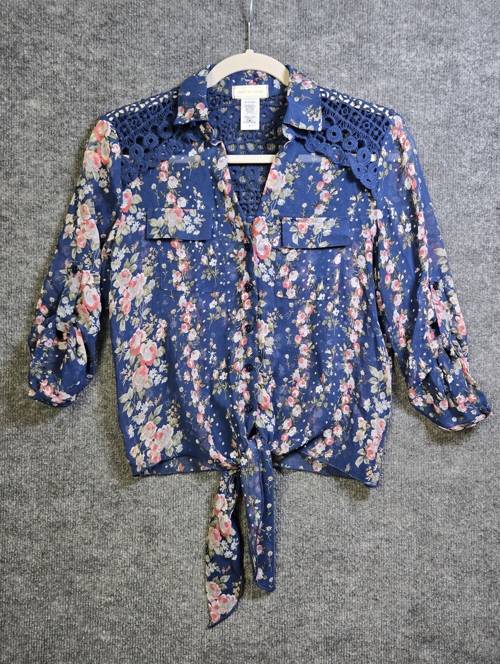 Pretty Good Top Womens S Blue Crochet Yoke Sheer Floral Tie Hem Boho Festival